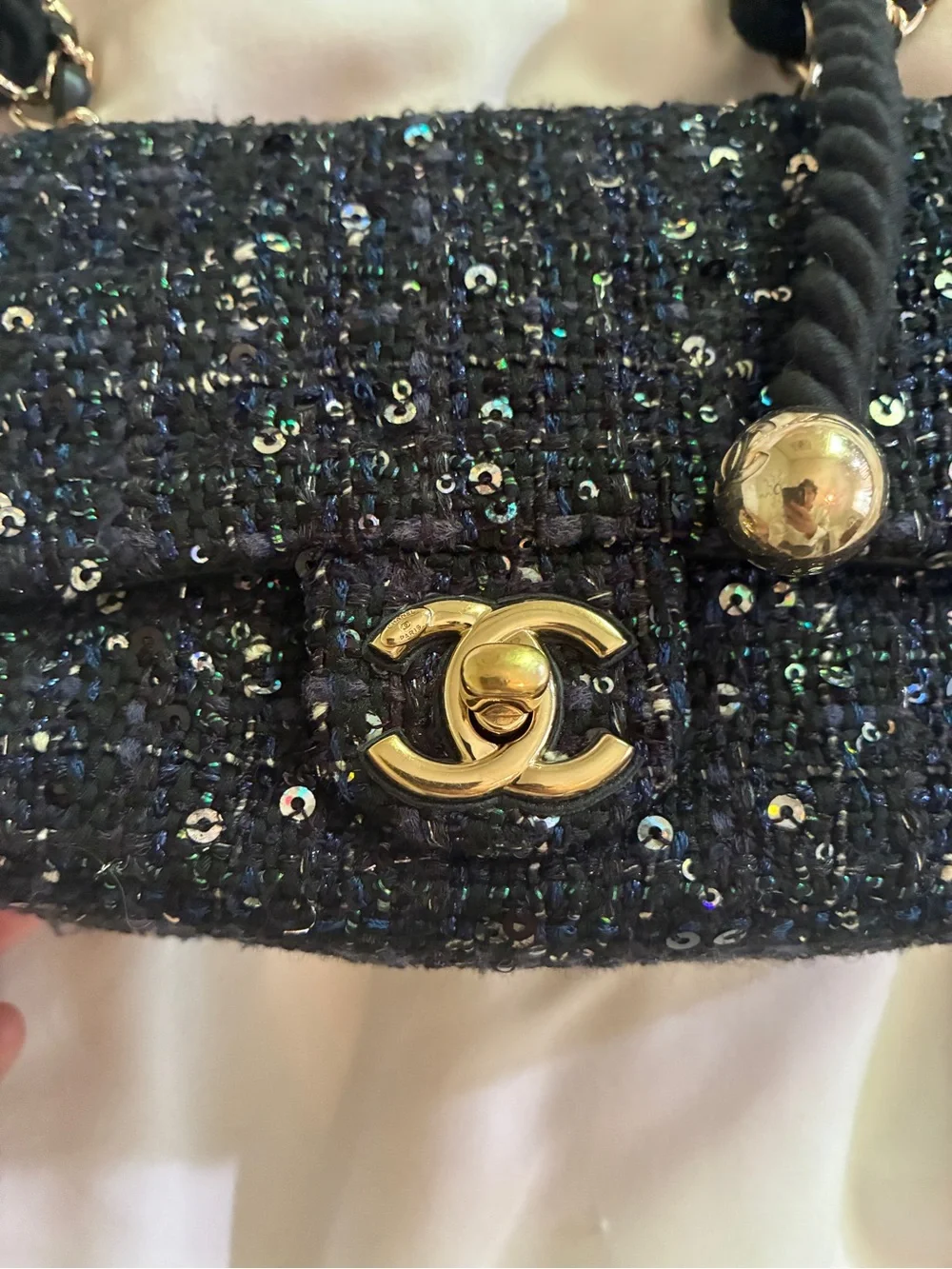 Chanel Black Sequined Pearl-Handle classic flap Mini Shoulder Bag runway